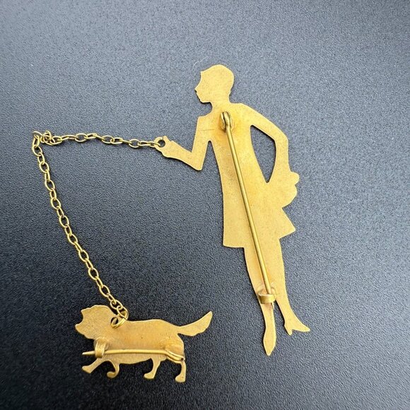 Vintage Gold-Tone Lady Walking Dog Brooch Pin Art Deco Style Chain Detail Jewelr - Picture 5 of 8
